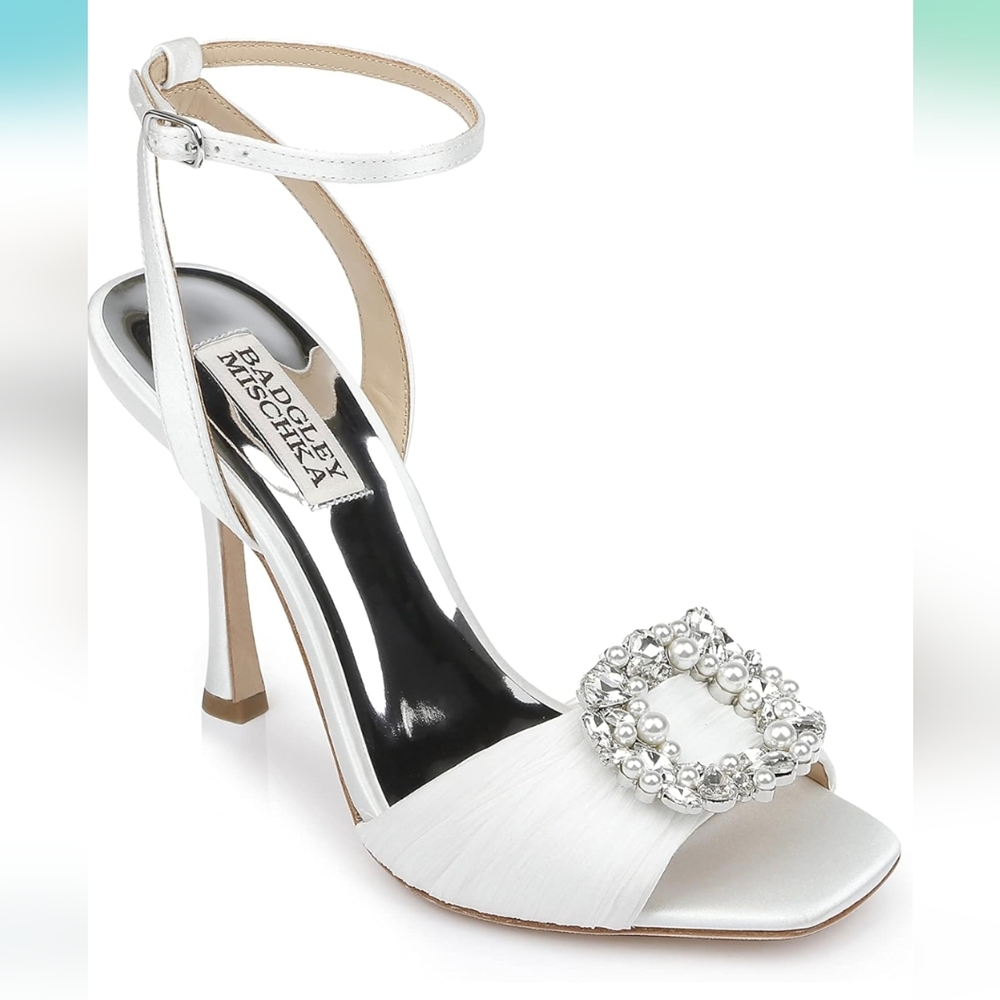 BADGLEY MISCHKA  White Satin Heels with Crystal Embellishments New Size 8.5